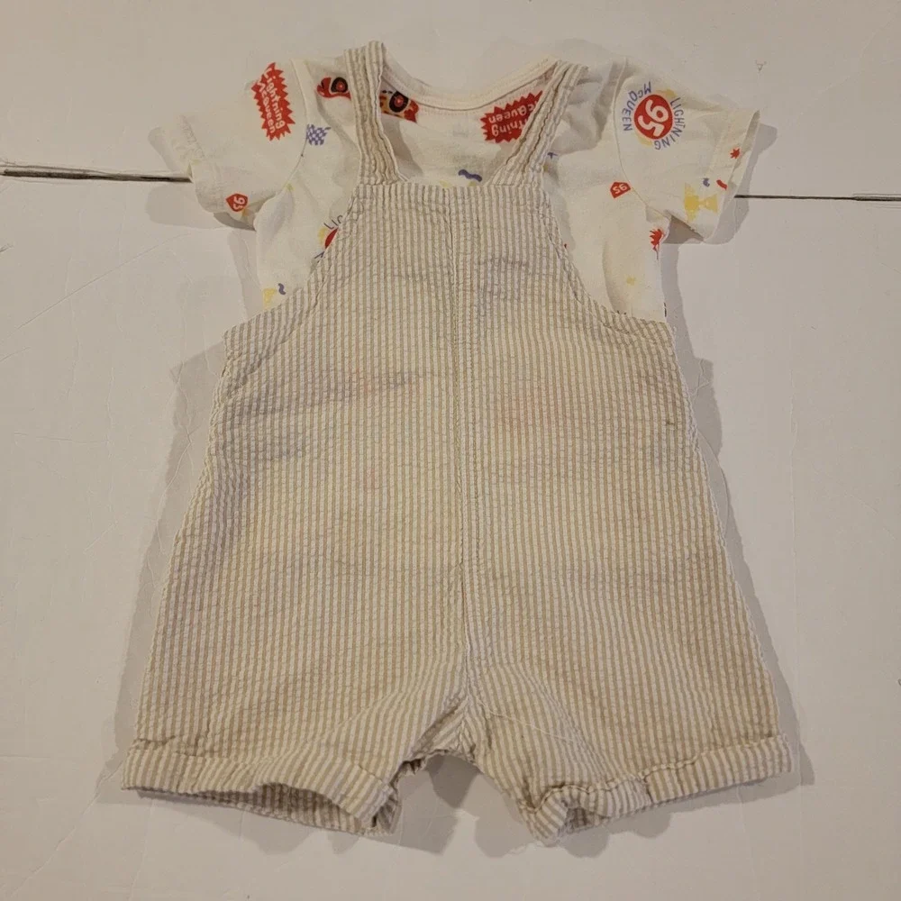 Disney Baby Overalls Boys 6/9 Months Lightning McQueen Pixar‎ Cars Seersucker